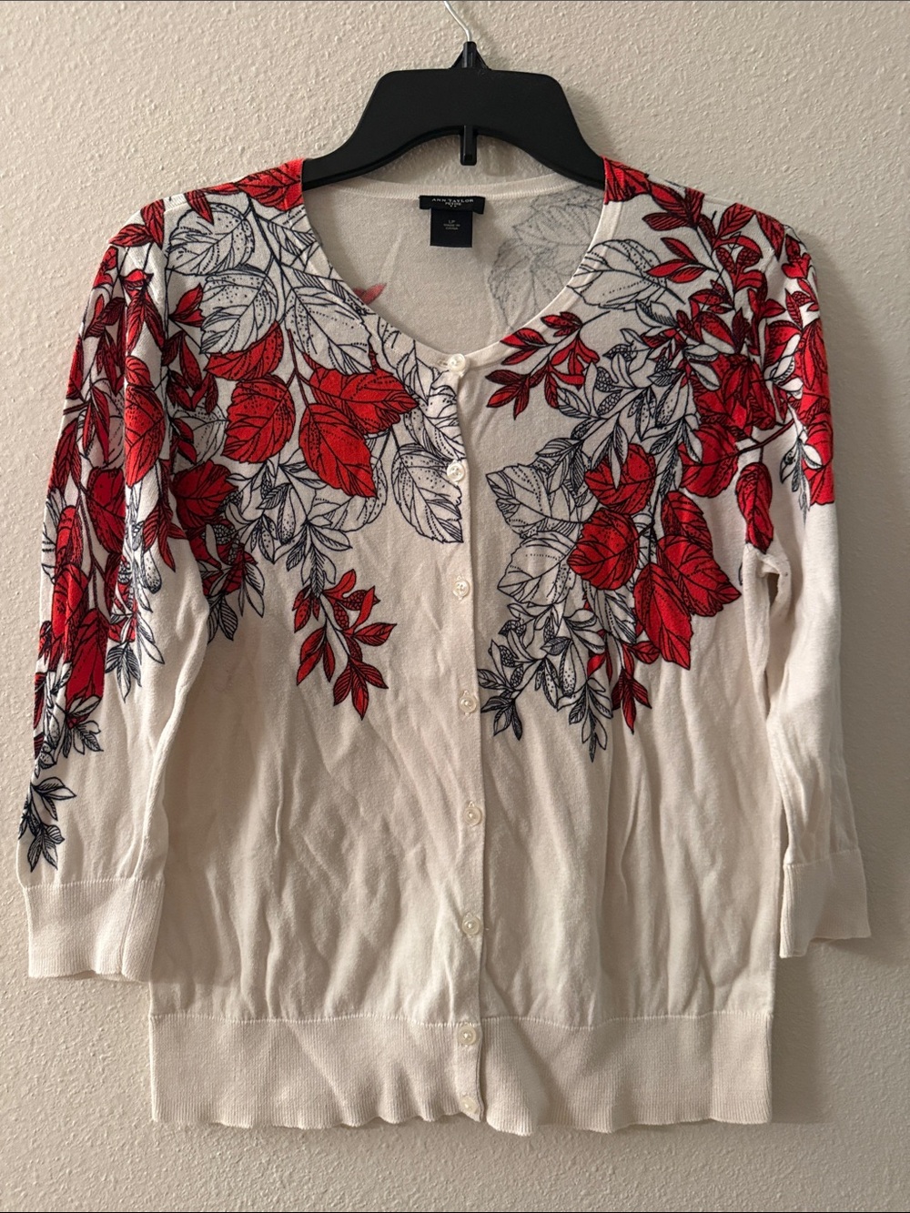 Ann Taylor Cream Cardigan with Red and Navy Floral Design